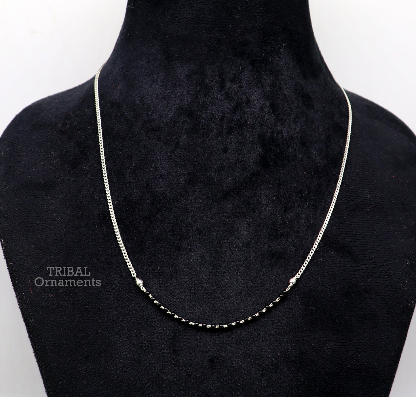 Pure 925 sterling silver black beads with Cuban chain necklace, traditional style brides Mangalsutra style chain necklace set447 - TRIBAL ORNAMENTS