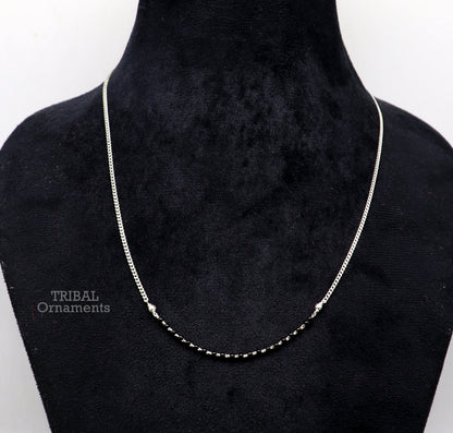 Pure 925 sterling silver black beads with Cuban chain necklace, traditional brides Mangalsutra style jewelry set.