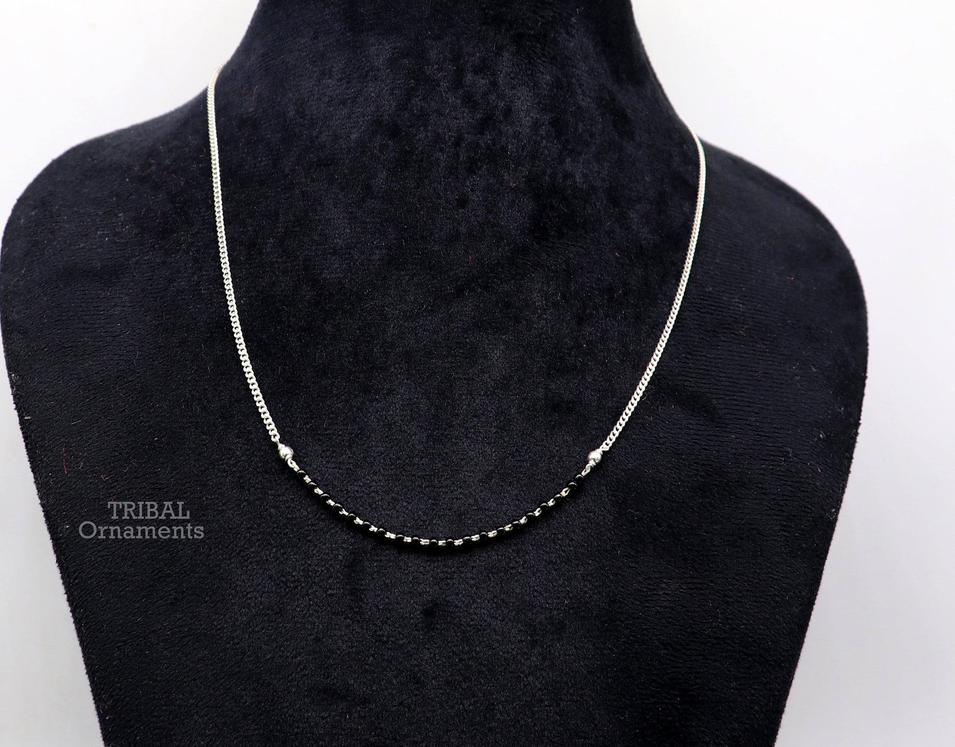Pure 925 sterling silver black beads with Cuban chain necklace, traditional style brides Mangalsutra style chain necklace set447 - TRIBAL ORNAMENTS