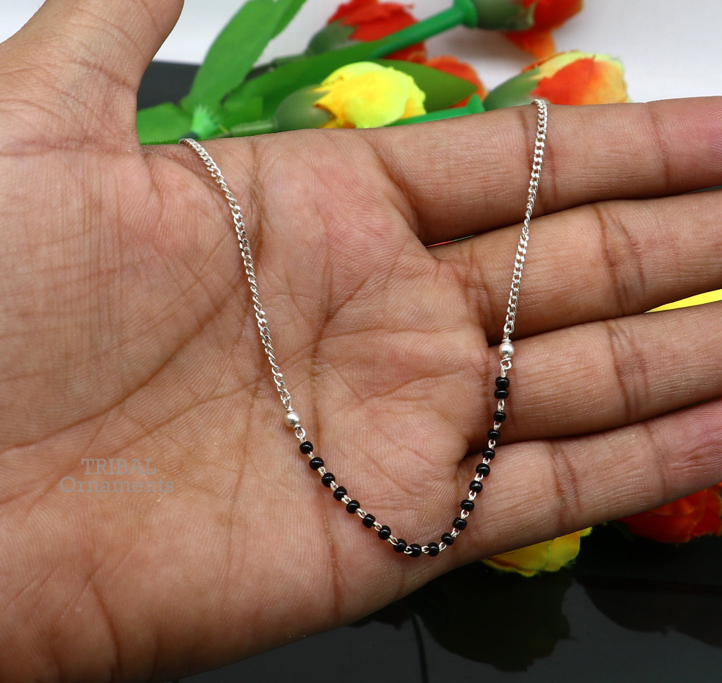 Pure 925 sterling silver black beads with Cuban chain necklace, traditional style brides Mangalsutra style chain necklace set447 - TRIBAL ORNAMENTS