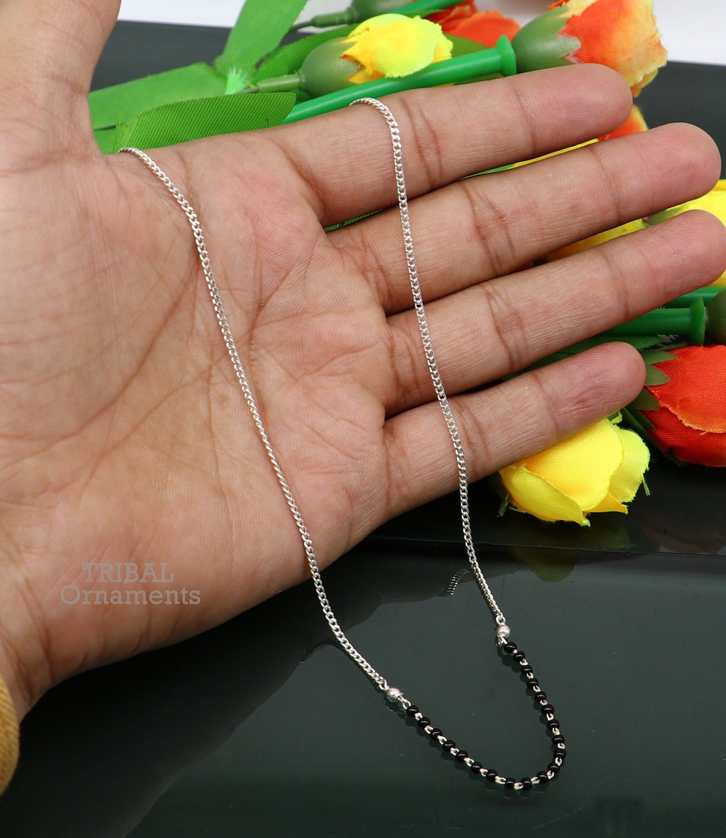 Pure 925 sterling silver black beads with Cuban chain necklace, traditional style brides Mangalsutra style chain necklace set447 - TRIBAL ORNAMENTS