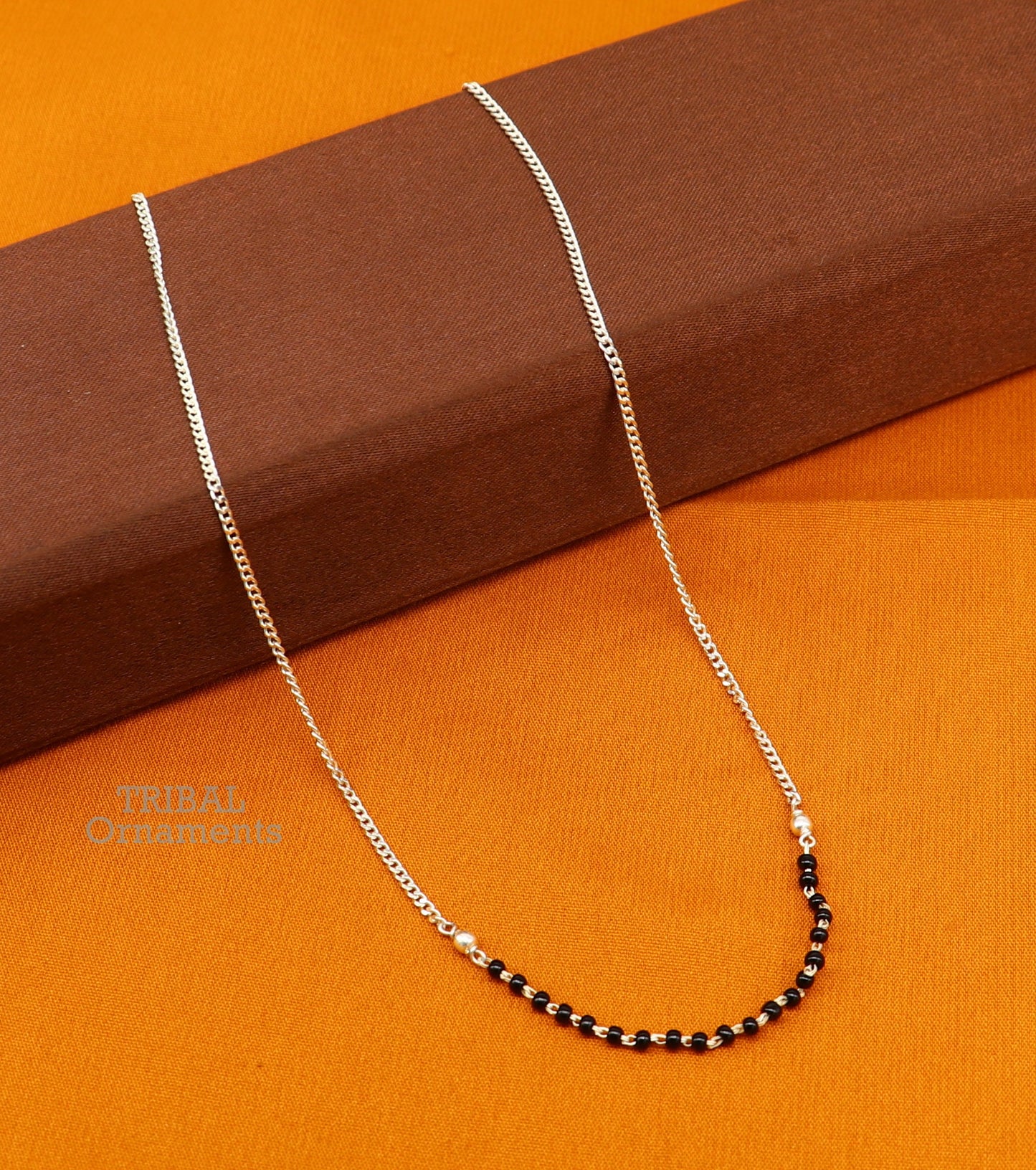 Pure 925 sterling silver black beads with Cuban chain necklace, traditional style brides Mangalsutra style chain necklace set447 - TRIBAL ORNAMENTS