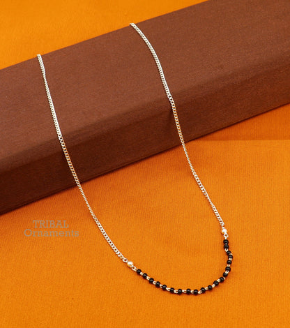 Sterling silver black beads with Cuban chain necklace, traditional bridal Mangalsutra style jewelry by TRIBAL ORNAMENTS.