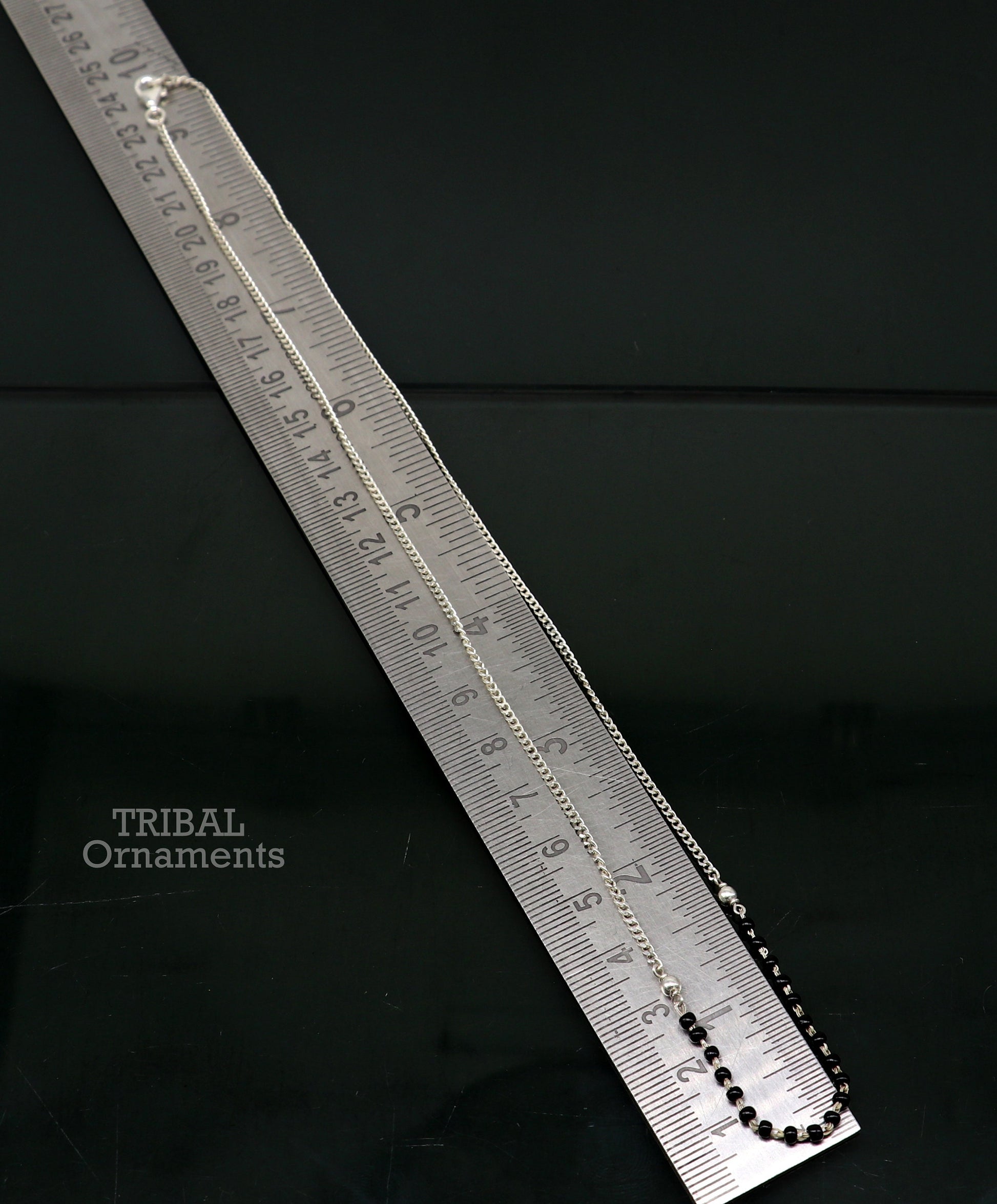 Pure 925 sterling silver black beads with Cuban chain necklace, traditional style brides Mangalsutra style chain necklace set447 - TRIBAL ORNAMENTS