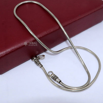 Sterling silver 18 to 30-inch screw chain necklace with 3mm thickness, oxidized silver finish, handmade trendy snake chain design.