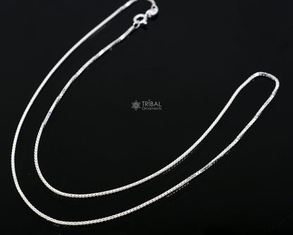 Sterling silver 1mm trendy box chain necklace by TRIBAL ORNAMENTS, featuring a sleek handmade design for men and women jewelry.