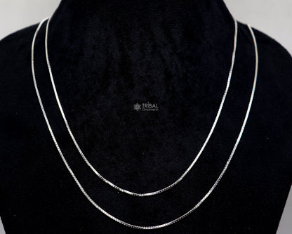 Sterling silver 1mm trendy box chain necklace by Tribal Ornaments, featuring a handmade design for men and women.