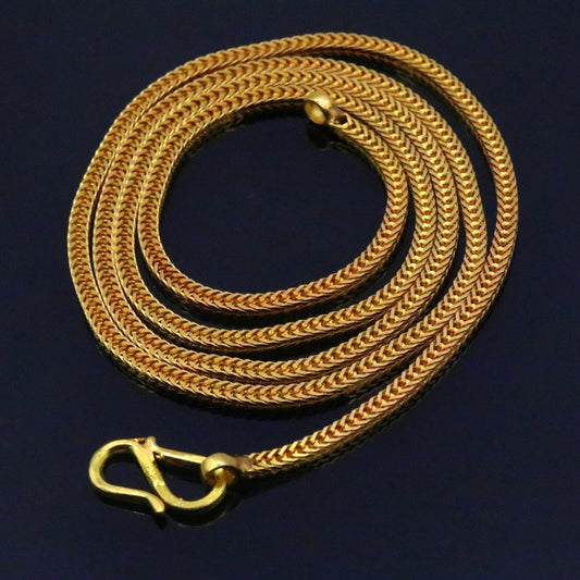 22K yellow gold handmade wheat foxtail chain necklace, unisex stylish jewelry with 916 hallmark, ideal for gifting or everyday wear.