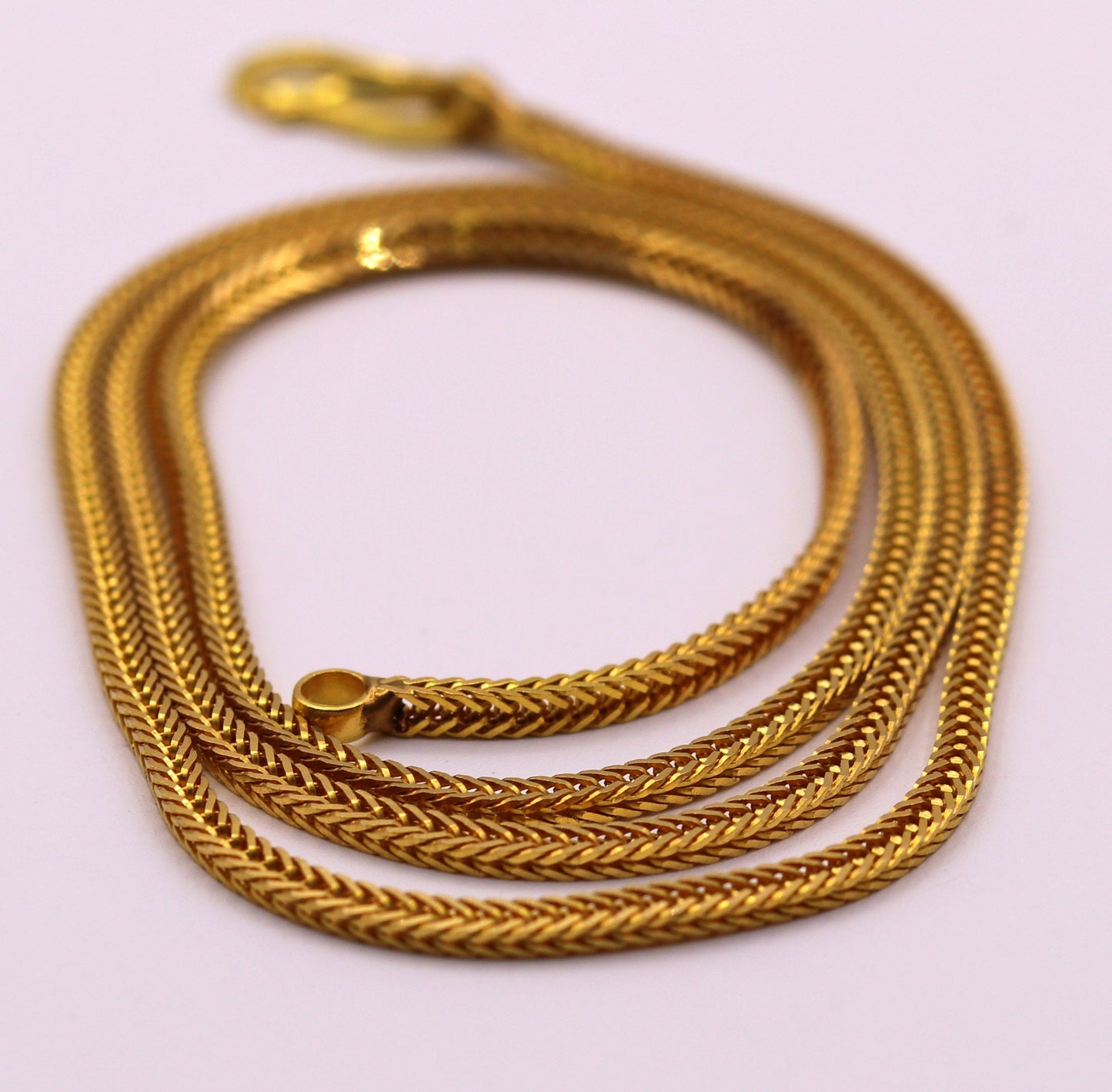 22K yellow gold handmade wheat foxtail chain necklace, unisex stylish jewelry with 916 hallmark, perfect for gifting.