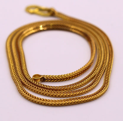 22K yellow gold handmade wheat foxtail chain necklace, unisex stylish jewelry with 916 hallmark, perfect for gifting.