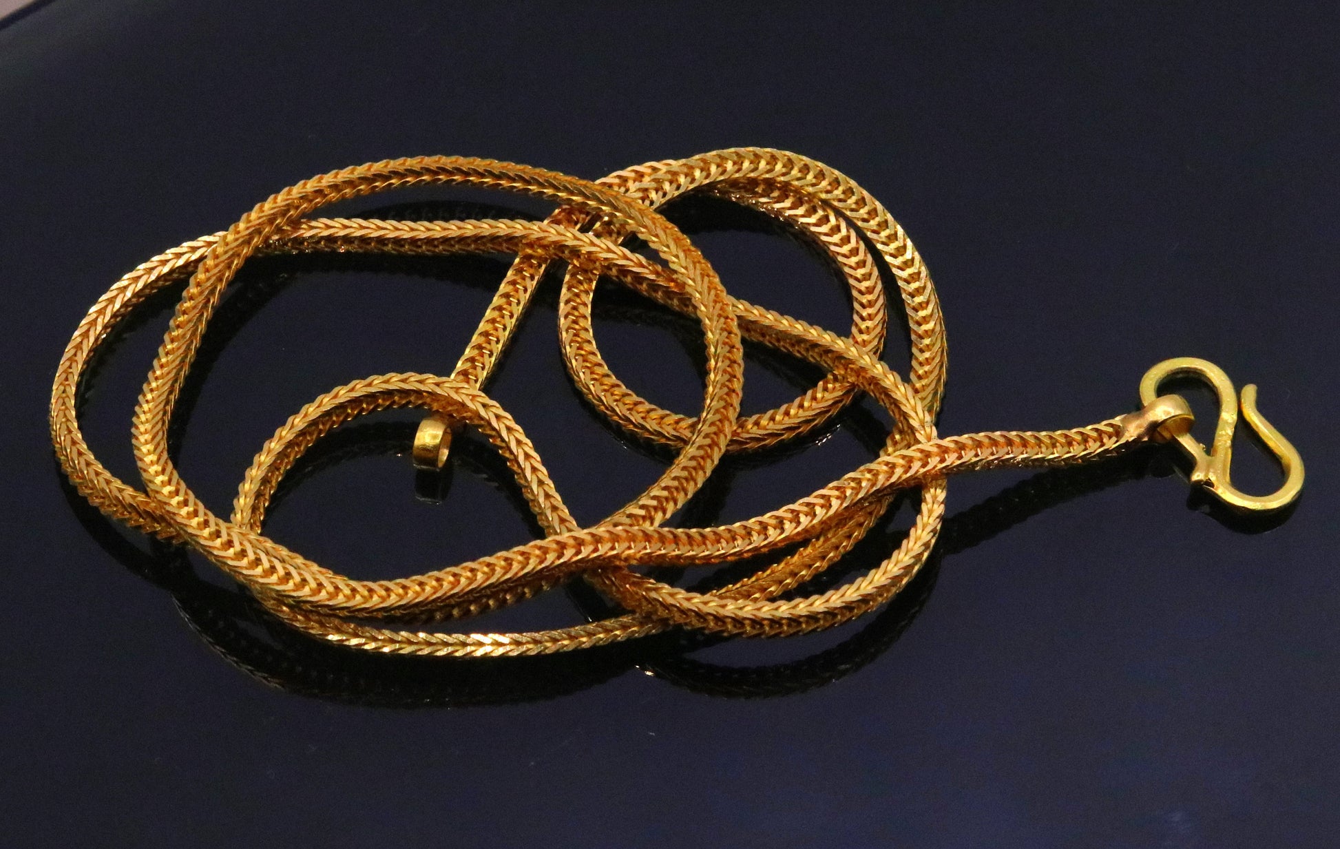 22K yellow gold handmade wheat foxtail chain necklace, unisex style with 916 hallmark, stylish gold jewelry for gifting.