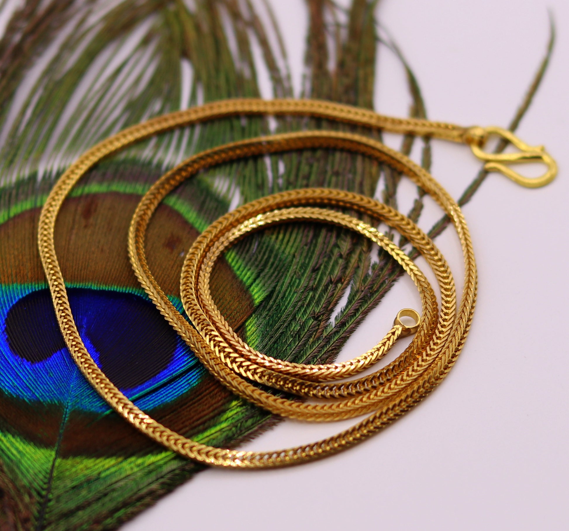 22K yellow gold handmade wheat foxtail chain necklace, unisex style, 916 hallmarked, stylish gold jewelry for gifting.