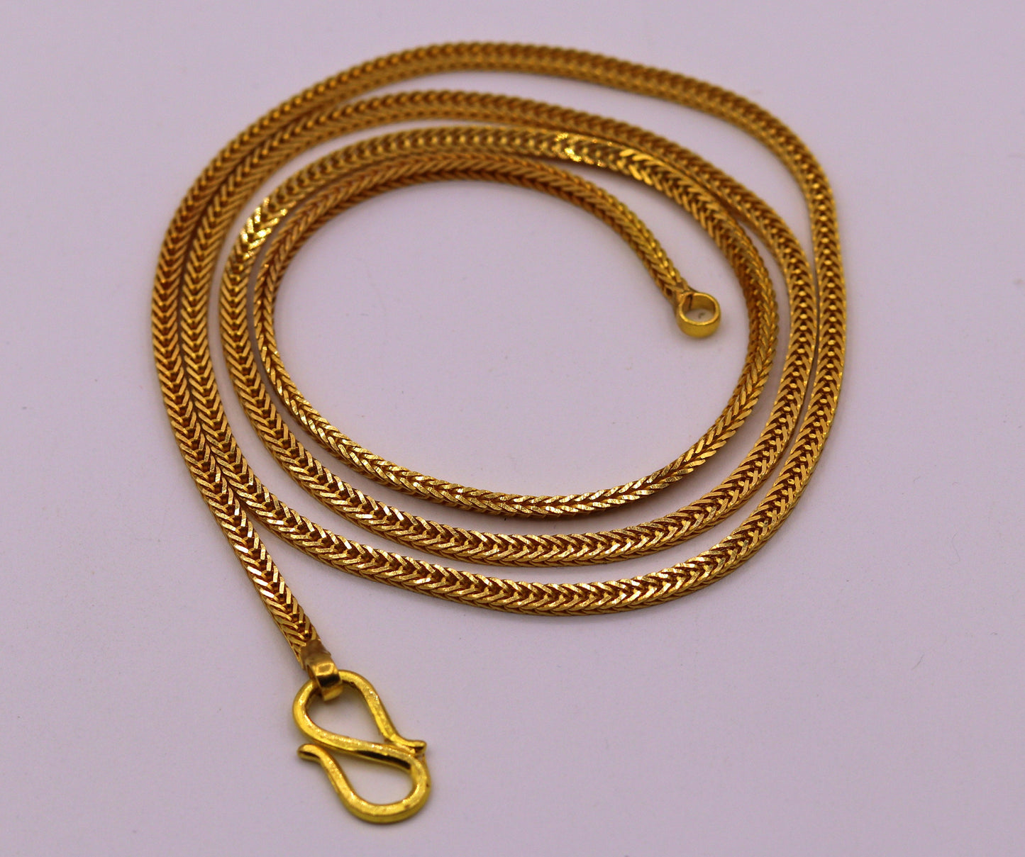 22K yellow gold handmade wheat foxtail chain necklace, unisex style with 916 hallmark, stylish jewelry for gifting or everyday wear.