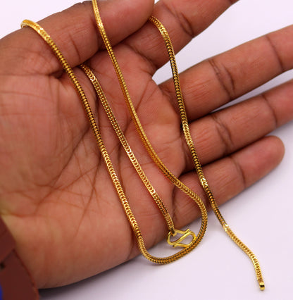 22K yellow gold handmade wheat foxtail chain necklace, unisex style, hallmarked 916, with intricate links for stylish gifting jewelry.