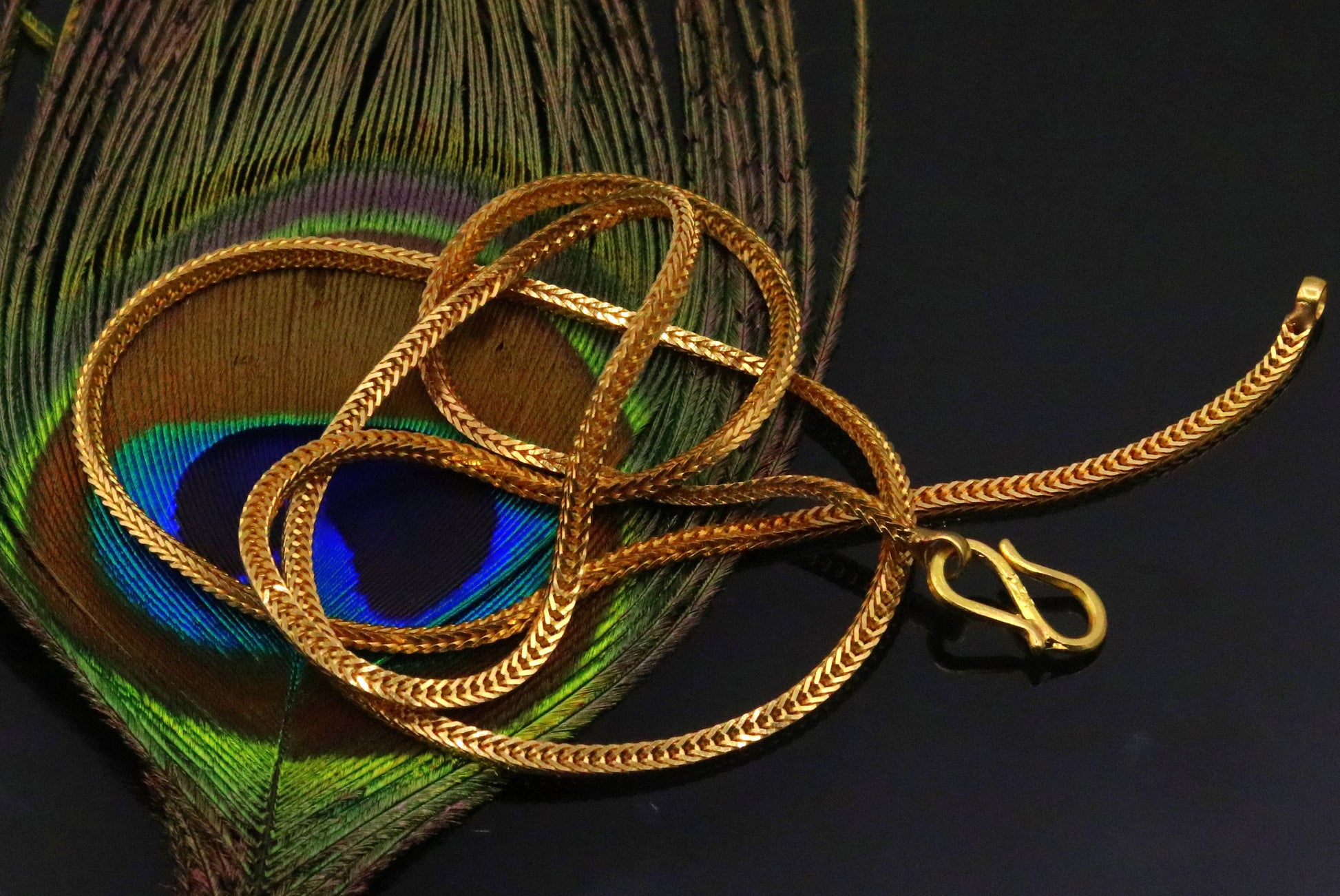 22K yellow gold handmade wheat foxtail chain necklace, unisex style, hallmarked 916, stylish jewelry gift accessory.