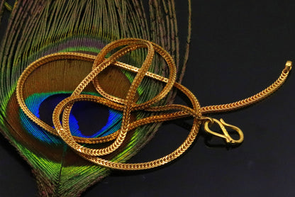 22K yellow gold handmade wheat foxtail chain necklace, unisex style, hallmarked 916, stylish jewelry gift accessory.