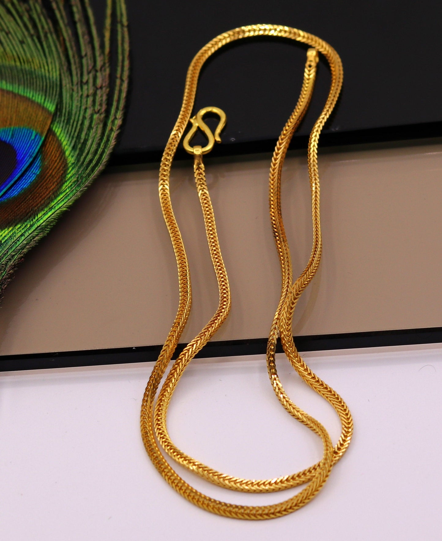 22K yellow gold handmade wheat foxtail chain necklace, unisex jewelry with 916 hallmark, stylish gift accessory by TRIBAL ORNAMENTS.