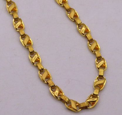 22K gold vintage handmade Lotus link chain necklace, 7.5mm unisex traditional jewelry from Rajasthan India, engraved design.