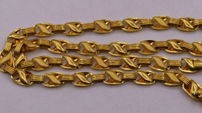 22K gold vintage handmade lotus link chain necklace, 7.5mm, unisex engraved traditional jewelry from Rajasthan India by Tribal Ornaments