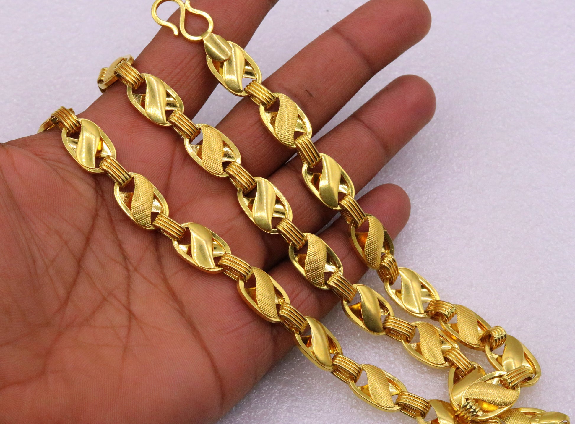 22K solid gold handmade lotus design chain necklace, 11mm width, unisex traditional jewelry from Rajasthan India by TRIBAL ORNAMENTS.