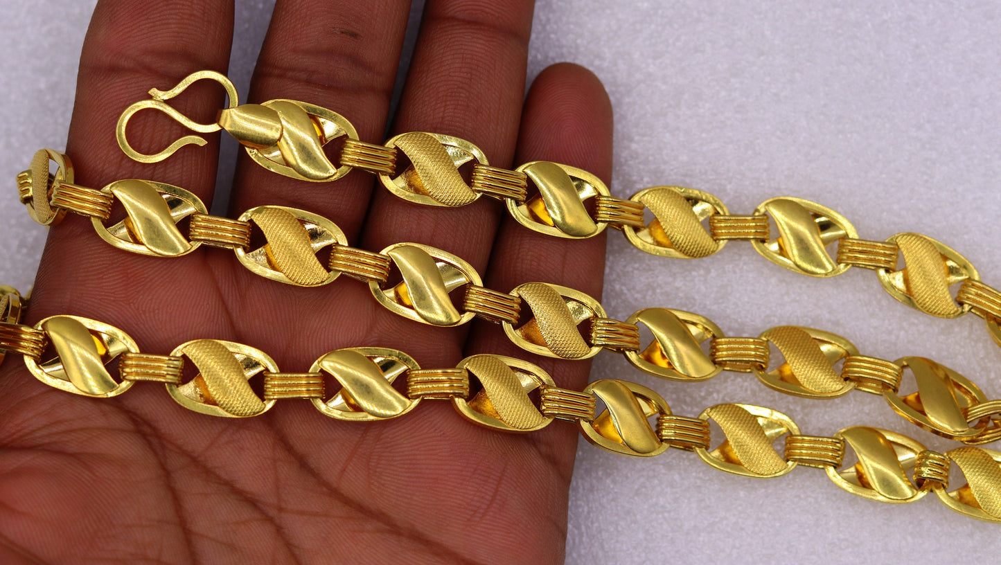 22K solid gold 11mm lotus design handmade chain necklace, unisex traditional jewelry from Rajasthan India, by TRIBAL ORNAMENTS.