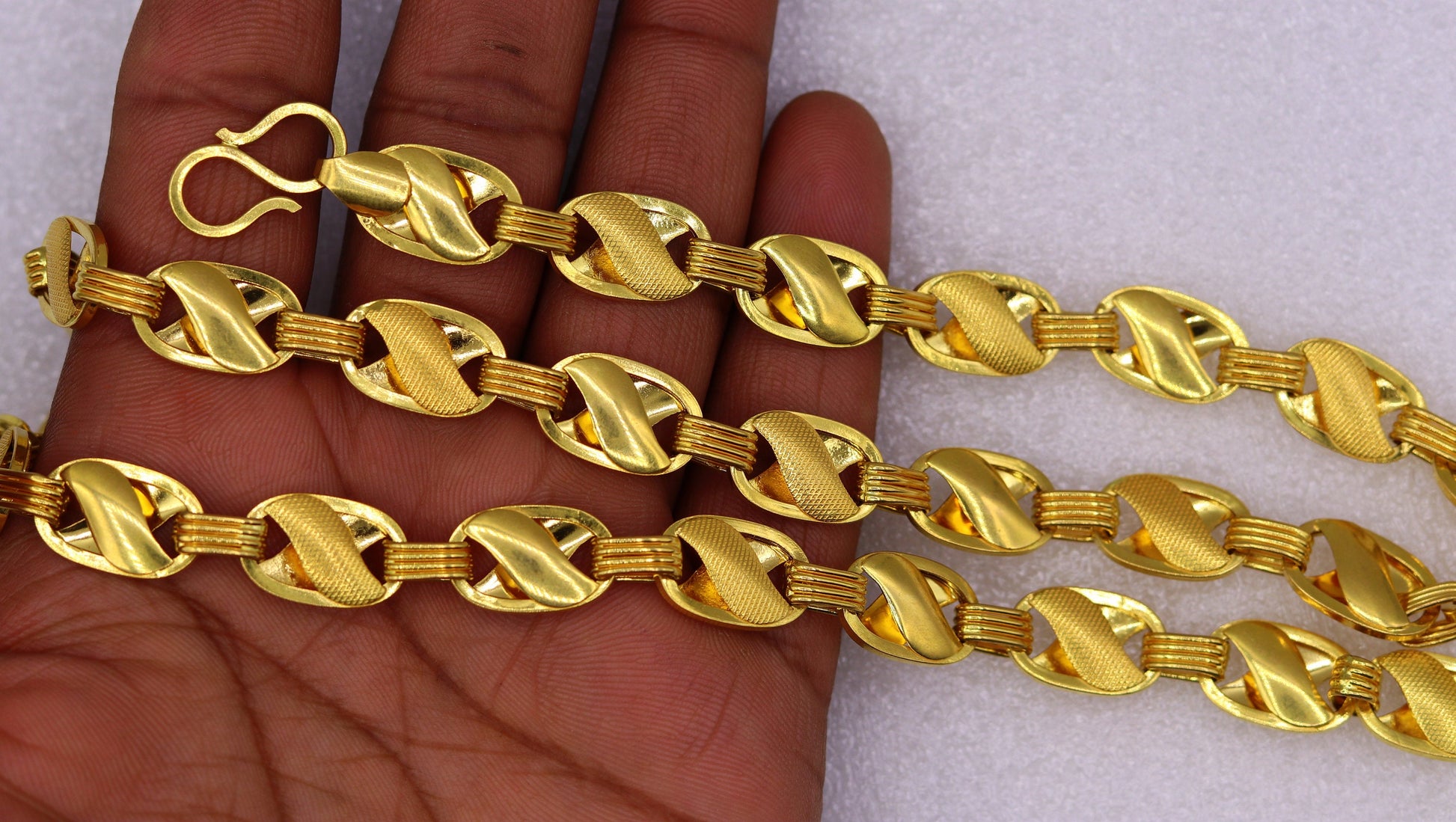 22K solid gold 11mm lotus design handmade chain necklace, unisex traditional jewelry from Rajasthan India, by TRIBAL ORNAMENTS.