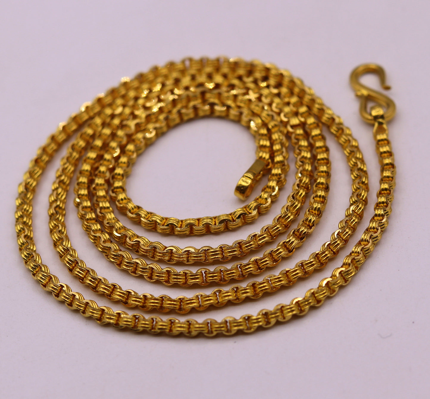 22K solid yellow gold Rolo link chain necklace, handmade 2.5mm unisex design, 24 inches, hallmarked from India.