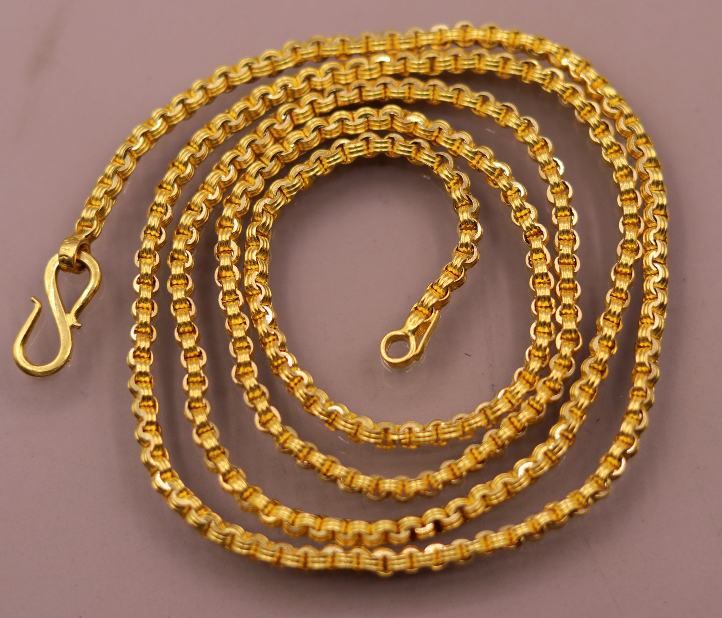 22K solid yellow gold Rolo link chain necklace, handmade 2.5mm unisex design, 24 inches, hallmarked from India.