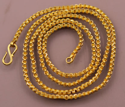 22K solid yellow gold Rolo link chain necklace, handmade 2.5mm unisex design, 24 inches, hallmarked from India.