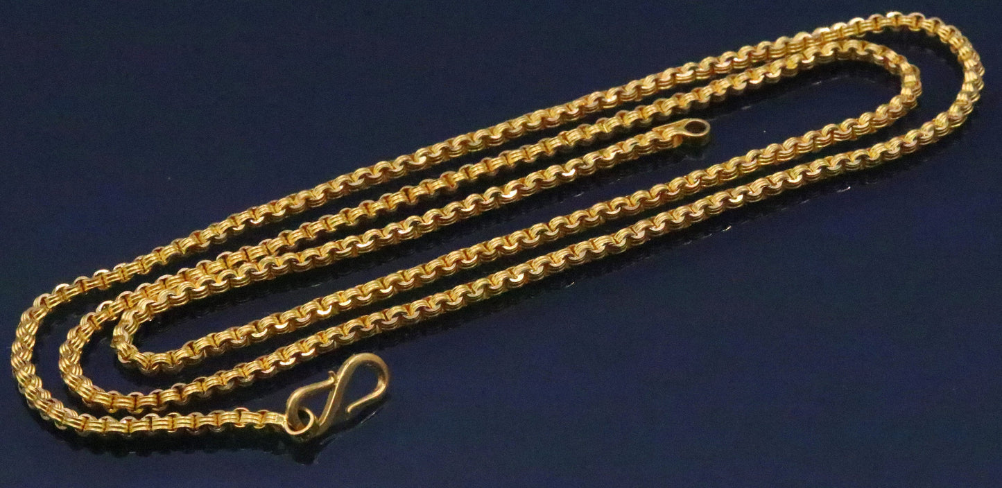 22K solid yellow gold Rolo link chain necklace, 24-inch handmade unisex jewelry with 2.5mm links, hallmarked 916 from India.