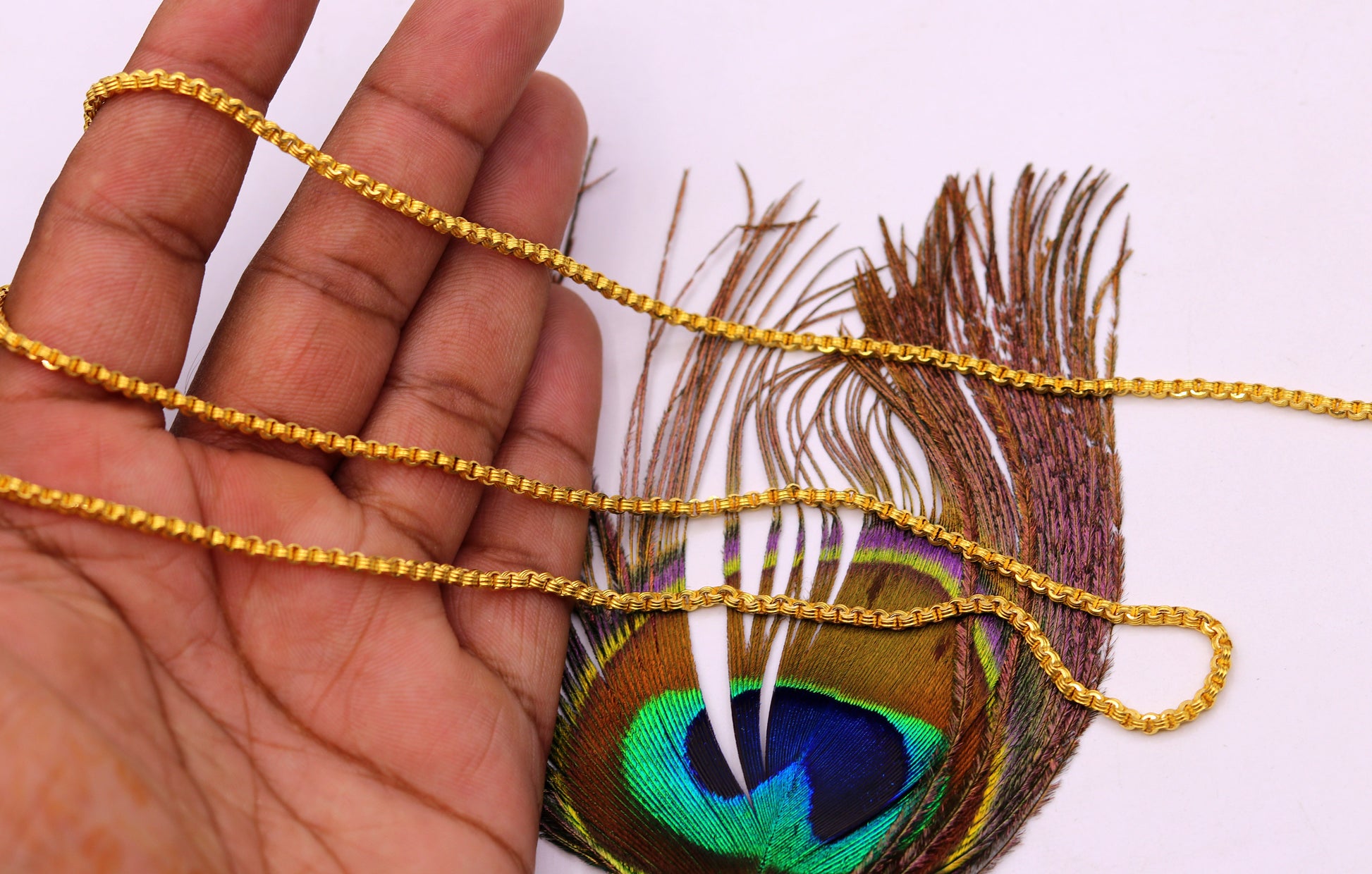 22K solid yellow gold Rolo link chain necklace, 24 inches, handmade unisex design with 2.5mm links, hallmarked from India.
