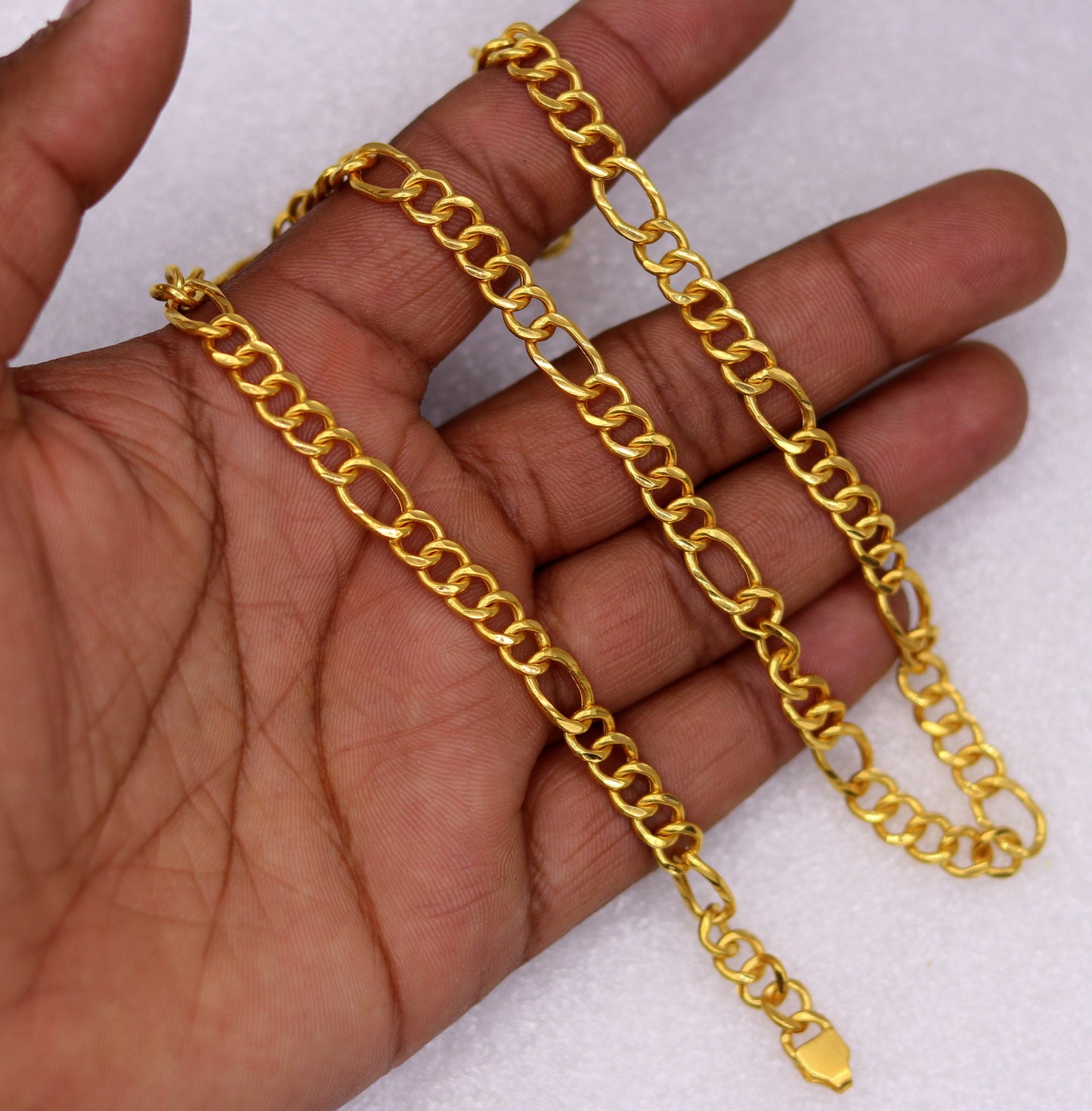 22K yellow gold 6mm Figaro link handmade chain necklace, unisex traditional jewelry from Rajasthan India.