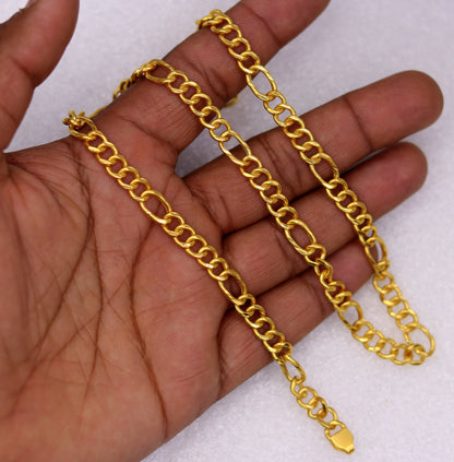 22K yellow gold 6mm Figaro link handmade chain necklace, unisex traditional jewelry from Rajasthan India.
