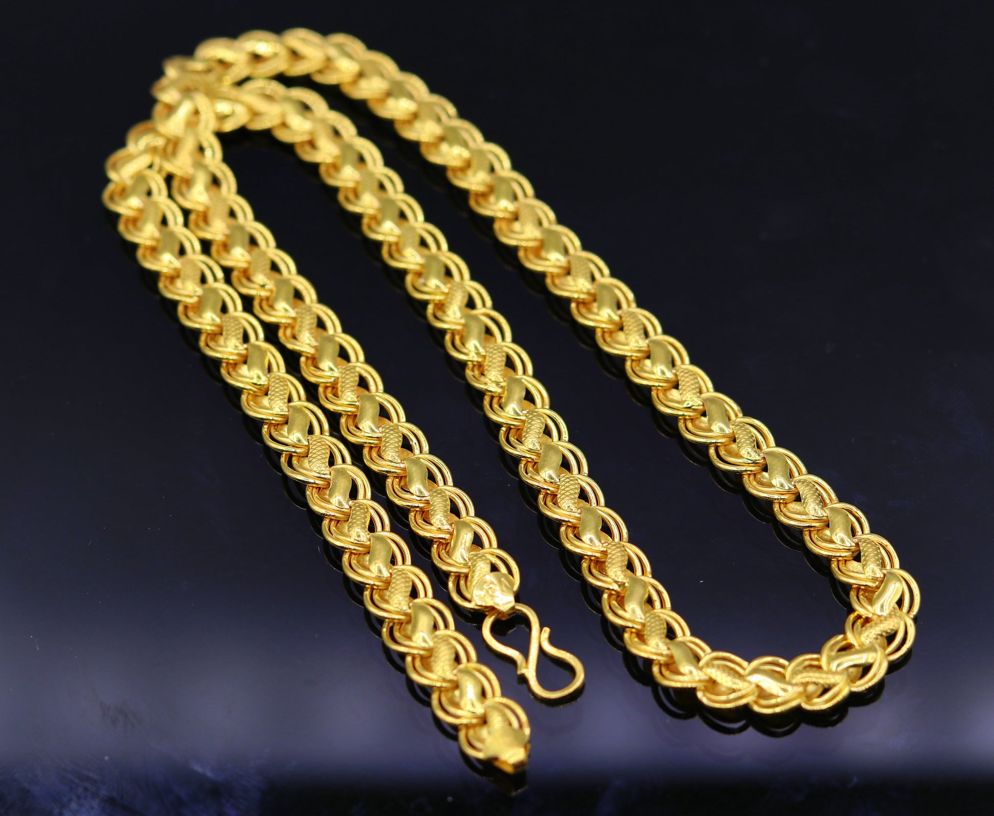 22K yellow gold 7mm lotus design handmade hollow chain necklace from Rajasthan, unisex traditional jewelry by TRIBAL ORNAMENTS