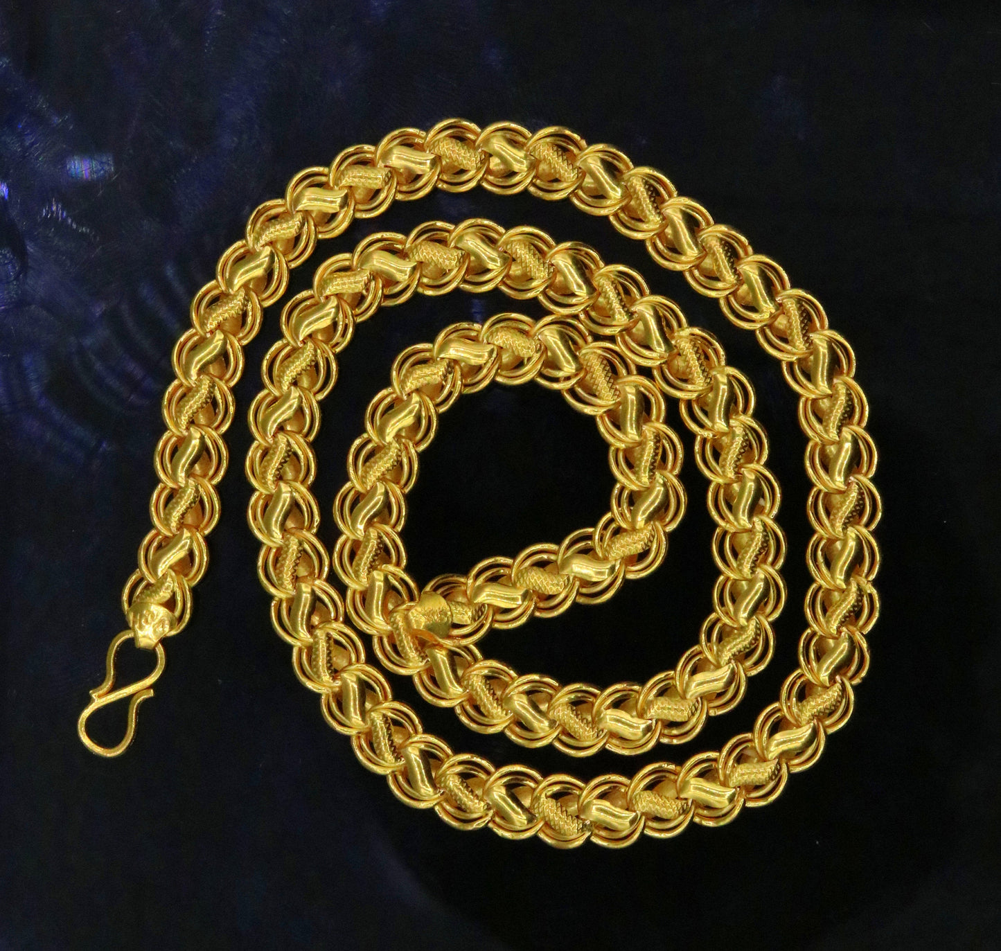 22K yellow gold 7mm lotus design handmade hollow chain necklace by TRIBAL ORNAMENTS, traditional unisex jewelry from Rajasthan India