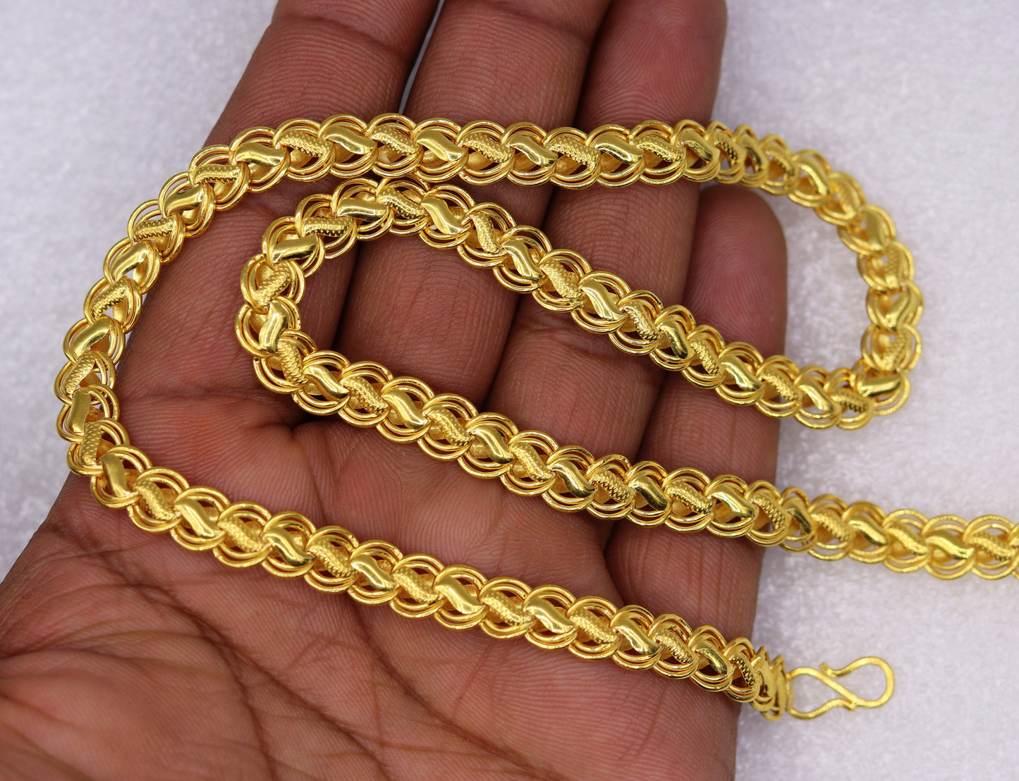 22K yellow gold 7mm lotus design handmade hollow chain necklace by TRIBAL ORNAMENTS, traditional unisex jewelry from Rajasthan India.