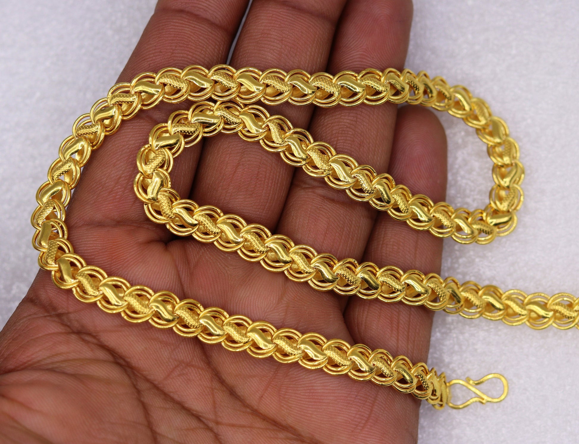 22K yellow gold 7mm lotus design handmade hollow chain necklace by TRIBAL ORNAMENTS, traditional unisex jewelry from Rajasthan India.