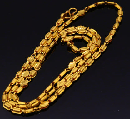 22K yellow gold handmade 3mm link chain necklace, 23-inch unisex traditional design with lightweight, hallmarked gold from Tribal Ornaments.