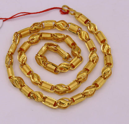 22K yellow gold handmade 7mm custom design chain necklace, heavy unisex jewelry with personalized style from Tribal Ornaments.