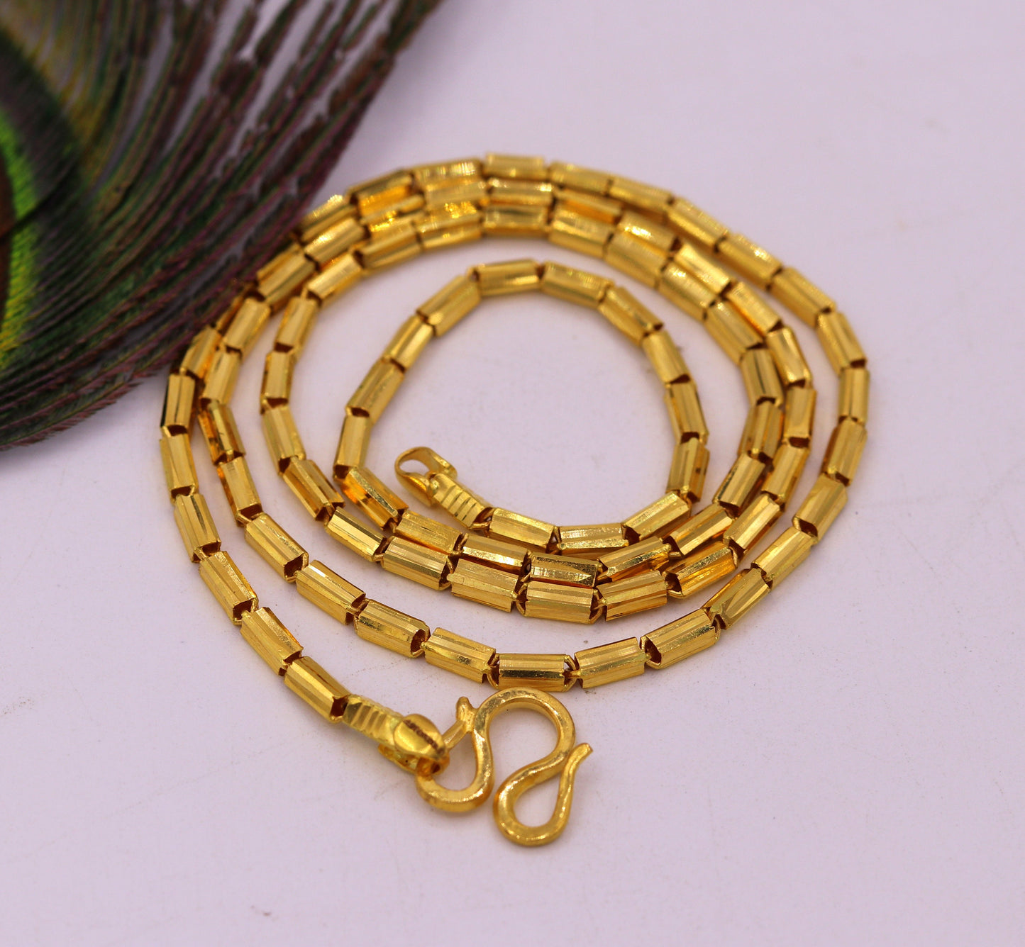 22K yellow gold handmade Baht chain necklace, 2.5mm traditional Indian jewelry by TRIBAL ORNAMENTS, showcasing detailed craftsmanship.