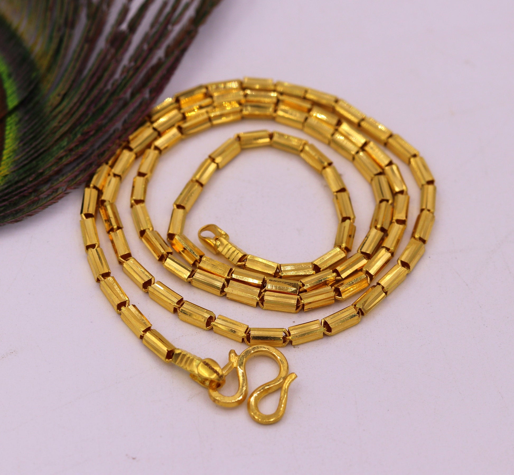 22K yellow gold handmade Baht chain necklace, 2.5mm traditional Indian jewelry by TRIBAL ORNAMENTS, showcasing detailed craftsmanship.