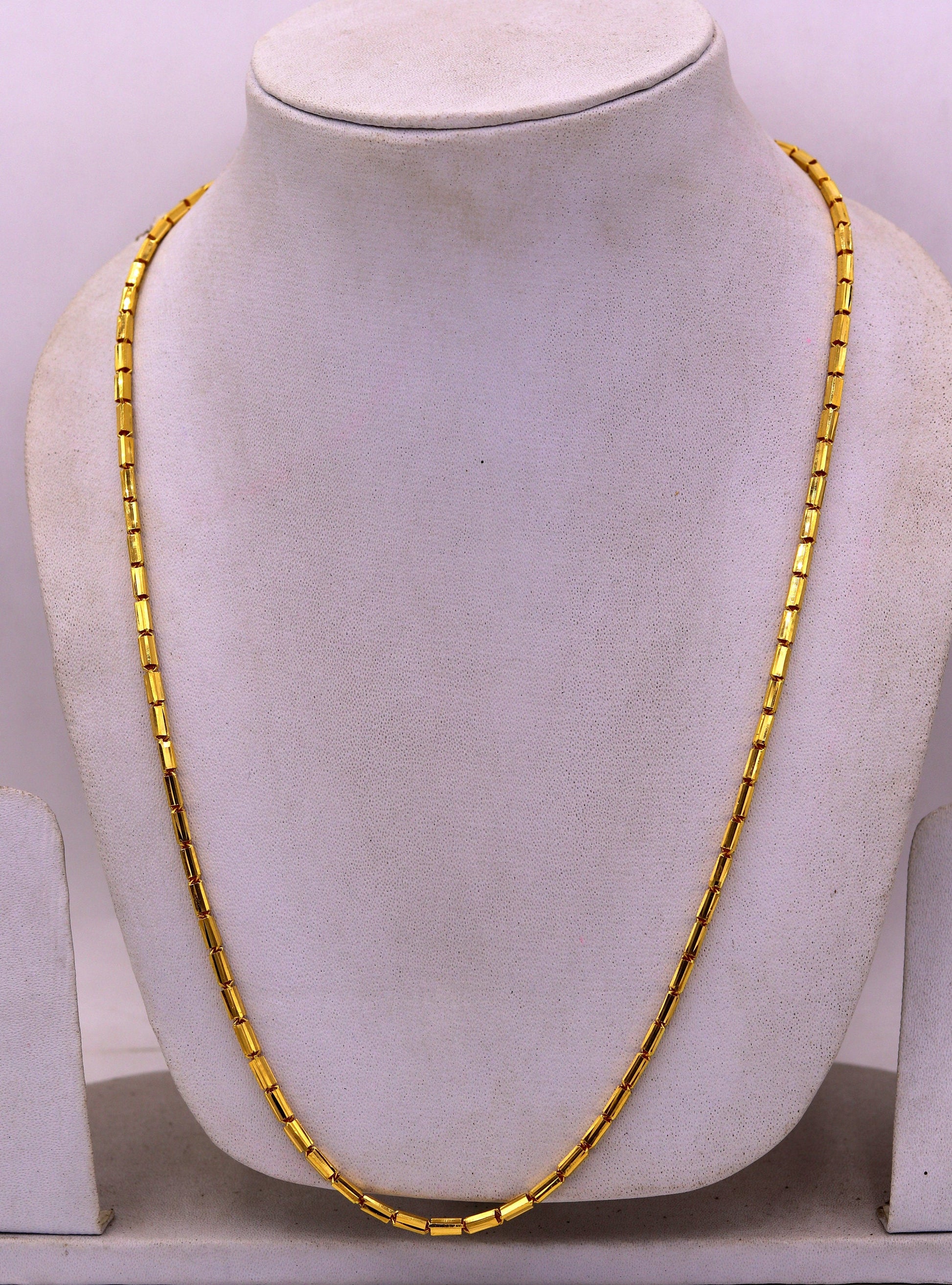 22K yellow gold handmade Baht chain necklace, 2.5mm width, traditional Indian jewelry with intricate craftsmanship.