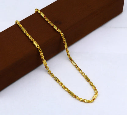 22K yellow gold handmade Baht design chain necklace by TRIBAL ORNAMENTS, unisex jewelry with 916 hallmark in all sizes.