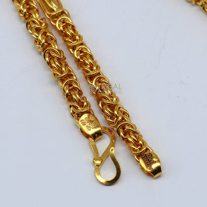 Handmade 22K yellow gold Byzantine chain necklace with 916 hallmarks, unisex design, custom length 18-26 inches, modern and trendy.
