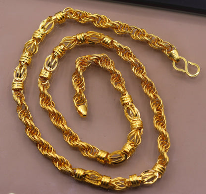 22K yellow gold handmade unisex chain necklace with 6mm links, traditional Indian hallmarked jewelry by Tribal Ornaments.