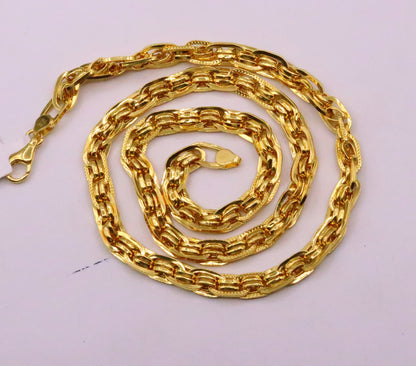22K yellow gold handmade designer unisex chain necklace with linked design, crafted by TRIBAL ORNAMENTS.