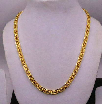 22K yellow gold handmade designer unisex chain necklace with linked design, crafted by TRIBAL ORNAMENTS.
