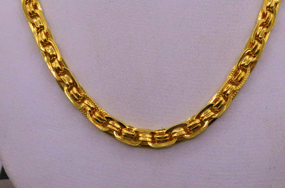 22K yellow gold handmade designer chain necklace by TRIBAL ORNAMENTS, unisex link chain jewelry with intricate craftsmanship.