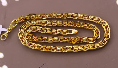 22K yellow gold handmade designer unisex chain necklace with linked design, crafted by TRIBAL ORNAMENTS.