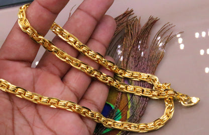 22K yellow gold handmade designer unisex chain necklace with linked design by TRIBAL ORNAMENTS.